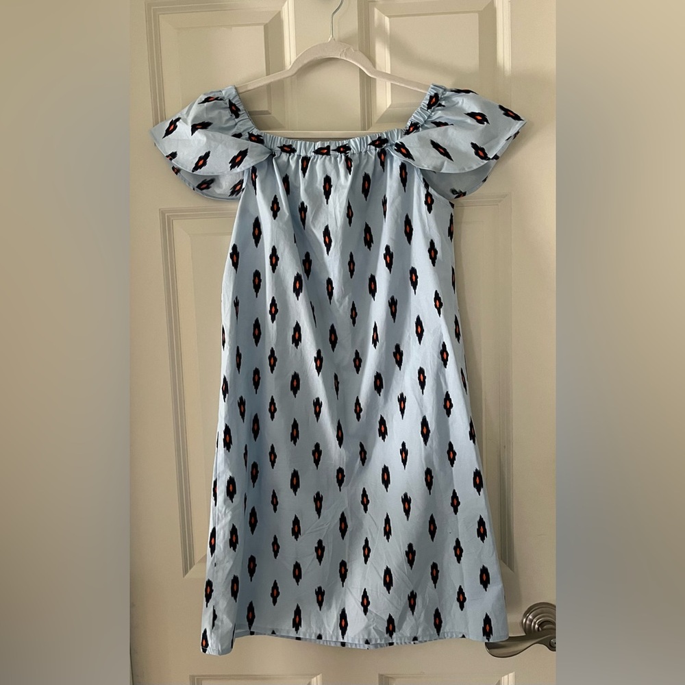 J. Crew Off The Shoulder Ikat Print Dress - light blue, dark blue, orange  XS